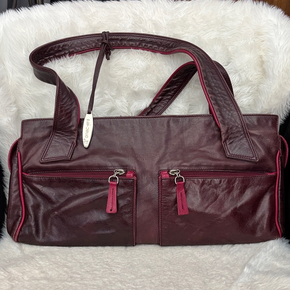 Women's Burgundy Genuine Leather Shoulder Bag with Pink Trim